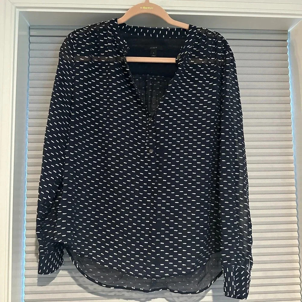 J. Crew navy and white silk blend sheer blouse